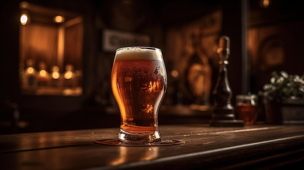 Ein Glas Bier auf einer Bar mit einem Schachbrett im Hintergrund