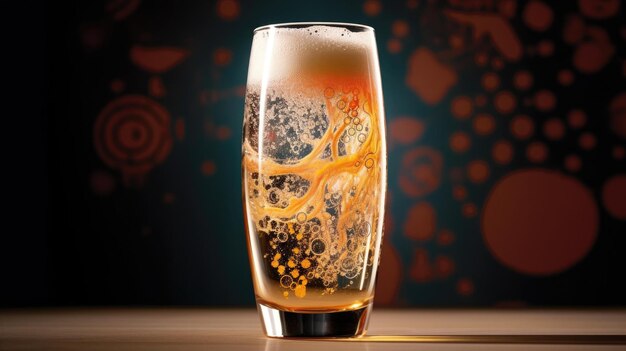 Ein Glas Bier mit blauem Hintergrund und orangefarbenen Blasen.