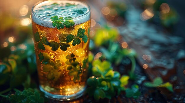 Foto ein glas bier mit blumen oben drauf