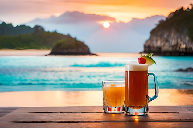 ein Glas Bier mit einer Erdbeere und einer Scheibe Erdbeere auf der Seite.