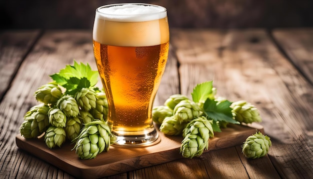 Foto ein glas bier mit hopfenkegel auf einem holztisch