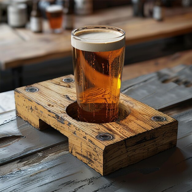 ein Glas Bier sitzt auf einer Holzkiste mit den Worten Bier darauf