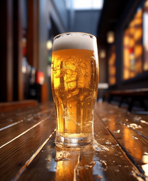 Ein Glas Bier steht auf einem Holztisch in einer Bar