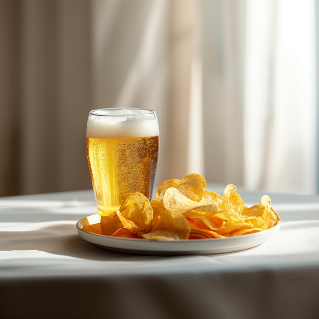 Ein Glas Bier steht neben einem Teller Chips