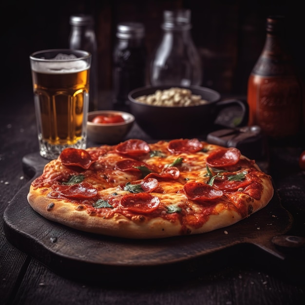 Ein Glas Bier und eine Pizza auf einem Tisch mit einer Flasche Bier.