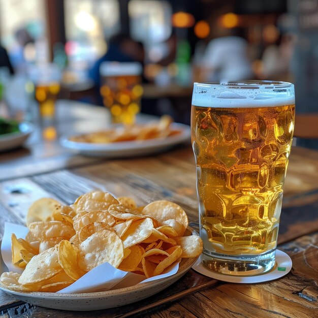 Ein Glas Bier und eine Platte Chips sitzen auf einem Holztisch