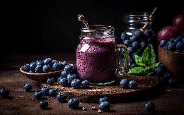 Ein Glas Blaubeer-Smoothie mit frischen Blaubeeren drumherum Generative KI