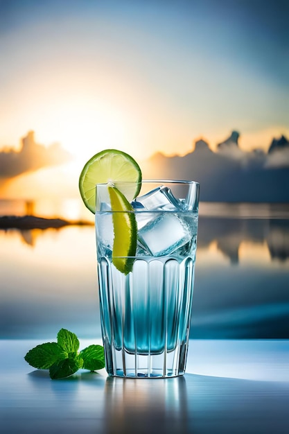 Ein Glas blauer Cocktail mit einer Limettenscheibe am Rand und einem Sonnenuntergang im Hintergrund