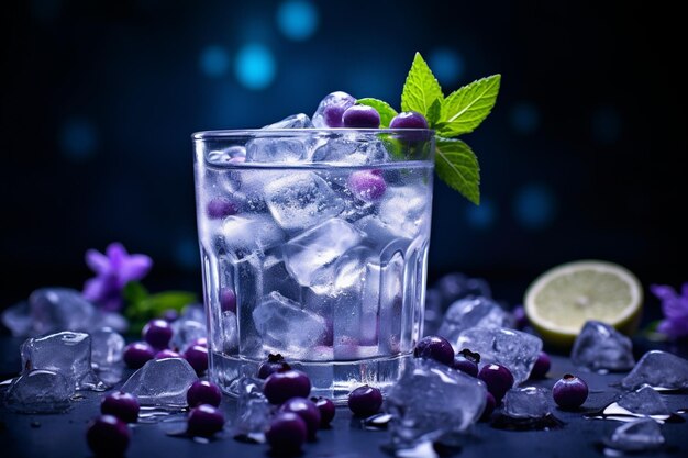 Ein Glas blauer Cocktail mit Eiswürfeln und Blaubeeren