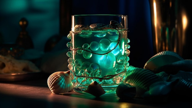 Ein Glas blaues Seeglas sitzt auf einem dunklen Tisch mit Muscheln darauf.