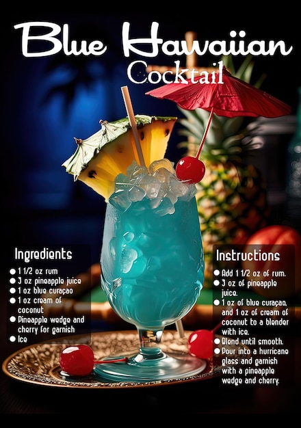 Ein Glas Blue-Hawaii-Cocktail mit Rezeptbeschreibung. KI-generiert.