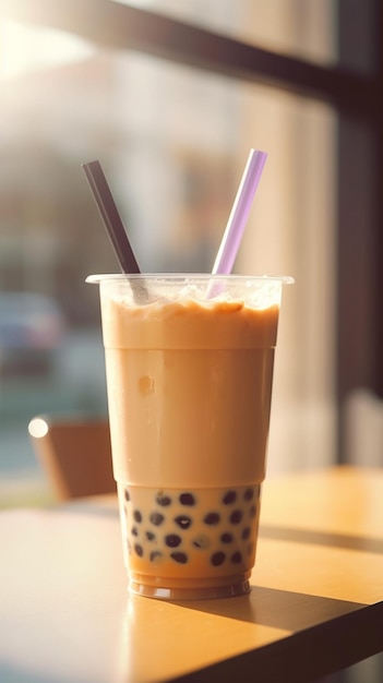 Ein Glas Bubble Tea mit einem violetten Strohhalm und einem durchsichtigen Plastikbecher mit der Aufschrift „Bubble Tea“ darauf.