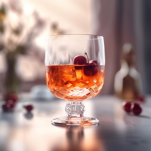 Ein Glas Cherry Whiskey steht auf einem Tisch mit einer Flasche Wein im Hintergrund.