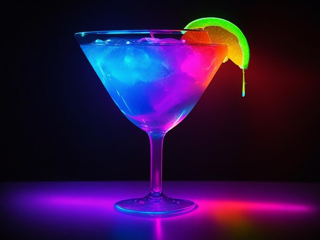 Ein Glas Cocktail im hypnotischen Neonlicht. Bunte Rave-Party drin
