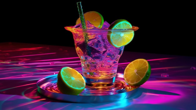 Ein Glas Cocktail in hypnotischem Neonlicht. Buntes Rave-Partygetränk. Generative KI