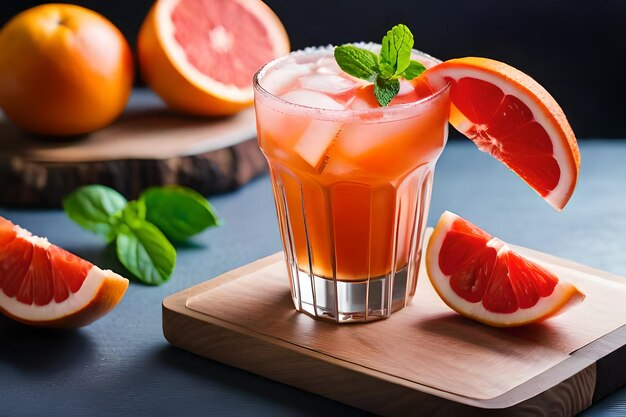 ein Glas Cocktail mit einer Grapefruitscheibe darauf.