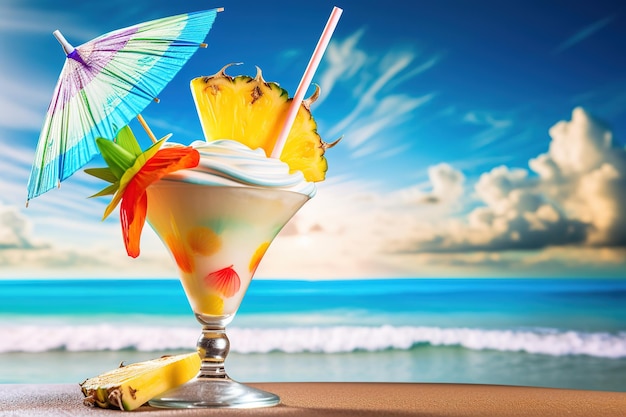 Ein Glas Cocktail mit einer Strandszene im Hintergrund