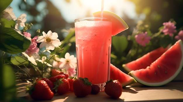 Ein Glas Cocktail mit Eiswürfeln, Zitrone und Blumen auf dem Hintergrund des Meeres