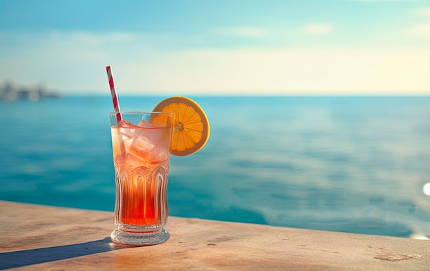 Ein Glas Cocktail mit Strohhalm auf einem Holztisch mit dem Meer im Hintergrund.