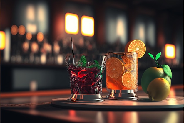 ein Glas Cocktails mit Obst und ein Getränk auf einem Tablett.