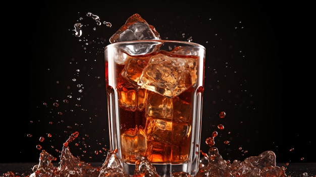Ein Glas Cola, aus dem Eiswürfel herausspritzen