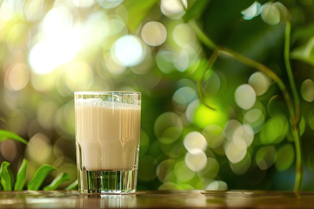 Ein Glas cremigem Kakaowasser auf einem natürlichen Hintergrund mit Sonnenlicht, das durch die Blätter schaut