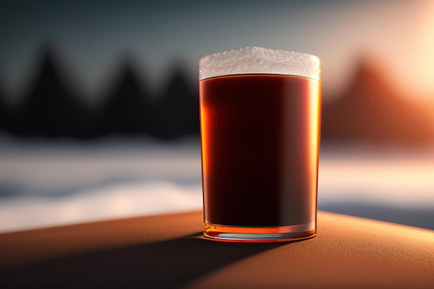 Ein Glas dunkler Cocktail steht auf einem Tisch vor einem schneebedeckten Berg