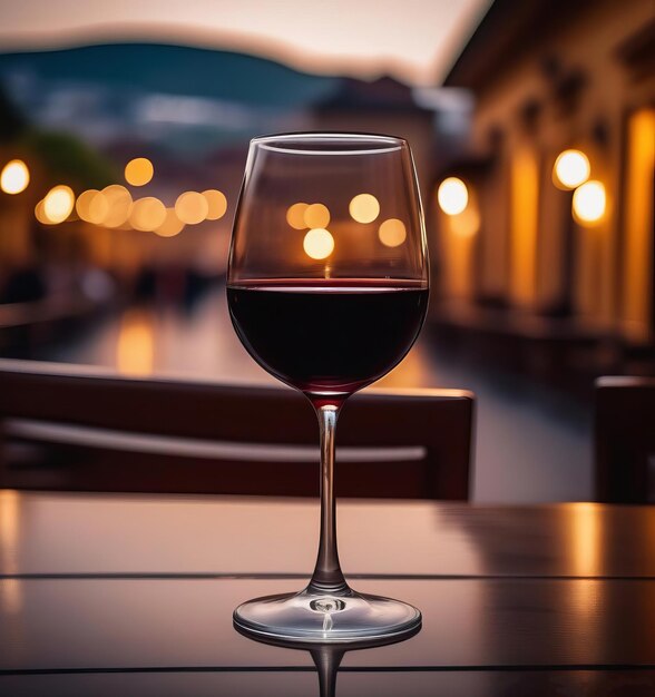 Ein Glas dunkler Portwein auf einem Café-Tisch außerhalb der Stadt am Abend