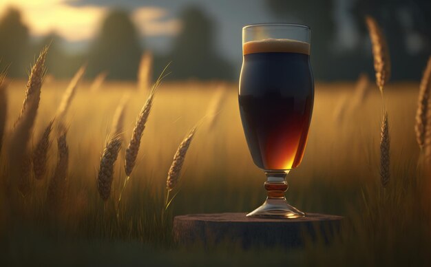 Ein Glas dunkles Bier auf einem Tisch in einem Weizenfeld. ai generiert