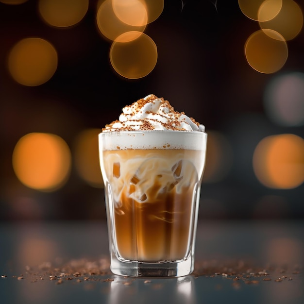 Foto ein glas eiskaffee mit schlagsahne und zimt drauf.