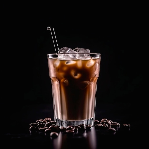 Ein Glas Eiskaffee mit schwarzem Strohhalm