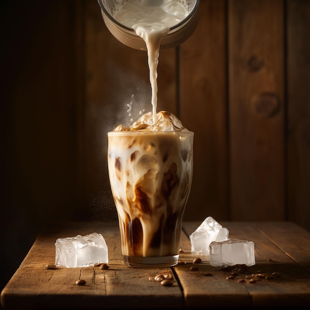 Ein Glas Eiskaffee wird in eine Tasse gegossen.