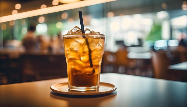 ein Glas eiskalten Kaffees mit Stroh auf einem Tisch