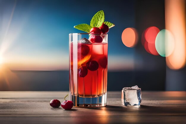 ein Glas Eistee mit Kirschen und einem kleinen Eiswürfel.