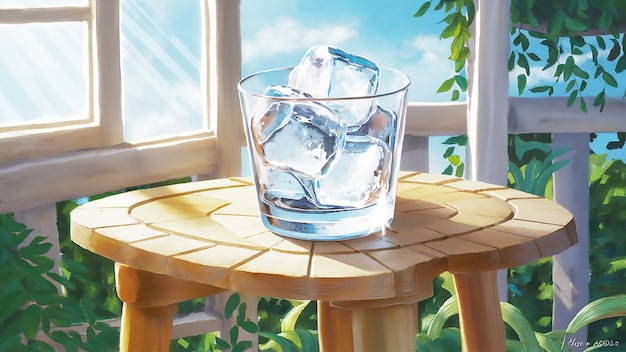 ein Glas Eiswasser sitzt auf einem Tisch