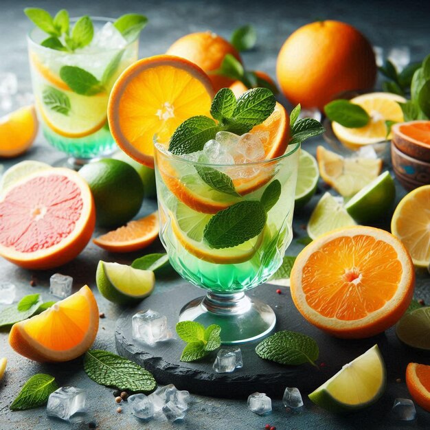 Foto ein glas eiswasser und orangen mit minzblättern und eis