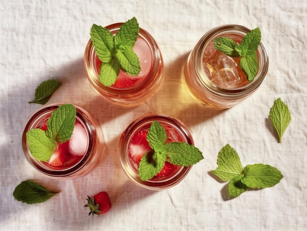 Ein Glas Erdbeer-Minztee mit Erdbeeren obendrauf