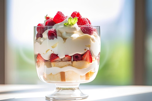 Ein Glas Erdbeer-Shortcake-Trifle mit Schlagsahne und Erdbeeren
