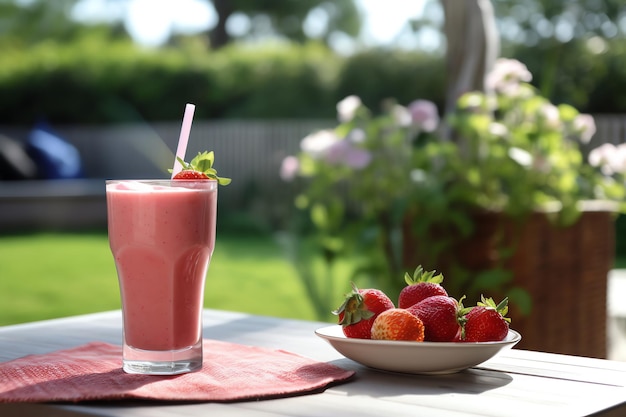 Ein Glas Erdbeer-Smoothie auf einer Gartentisch-Tapete