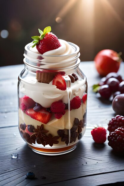 Ein Glas Erdbeerkuchen mit Schlagsahne und Erdbeeren