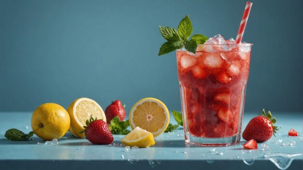 Foto ein glas erdbeerlemonade mit einem strohhalm drin