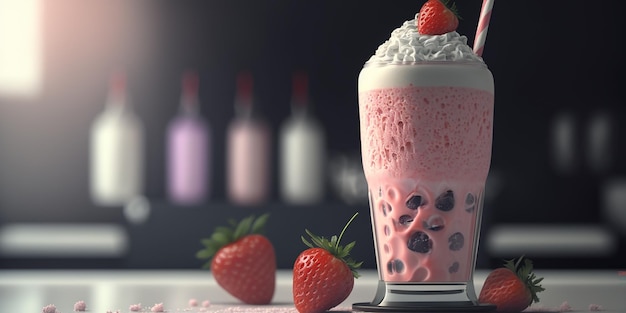 Ein Glas Erdbeermilchshake mit Erdbeeren auf dem Tisch