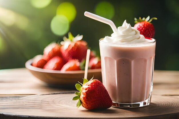 Ein Glas Erdbeermilchshake mit Strohhalm