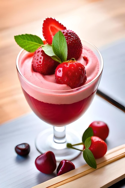 Ein Glas Erdbeermousse mit Erdbeeren obendrauf