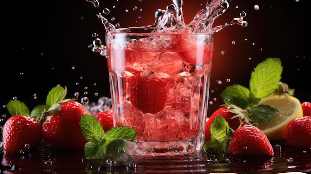 Ein Glas Erdbeersaft mit einem Spritzer, der aus dem Glas auf einem weißen Hintergrund kommt