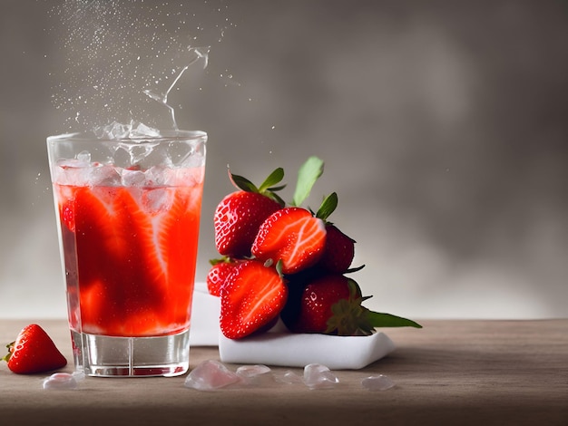 Ein Glas Erdbeersaft mit einem Strauß Erdbeeren als Beilage.