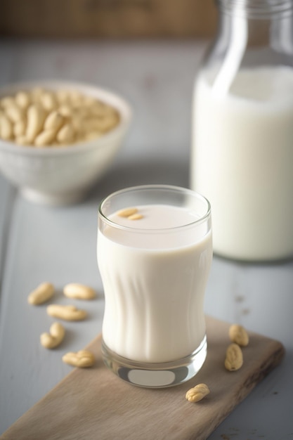 Ein Glas Erdnussbuttermilch steht auf einem Holztablett neben einer Schale mit Erdnüssen.