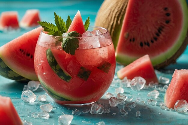 Foto ein glas erfrischender kokosnuss-wassermelon-kühler mit w