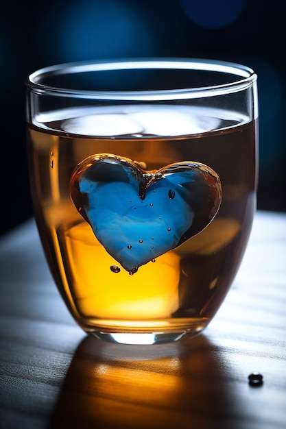 Ein Glas Flüssigkeit mit einem blauen Herzen darin