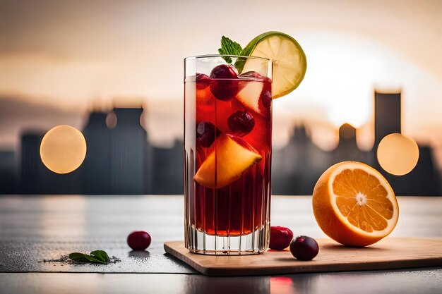 ein Glas Flüssigkeit mit Früchten und einer Orangenscheibe.